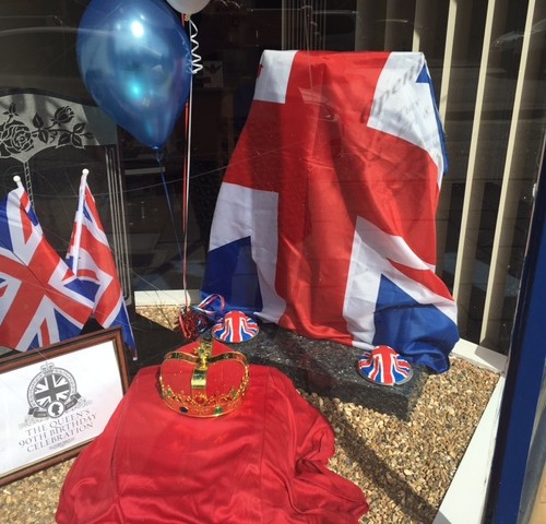 Queens 90th Birthday Window Display at Ruislip Family Funeral Service Queens 90th Birthday Window Display at Ruislip Family Funeral Service