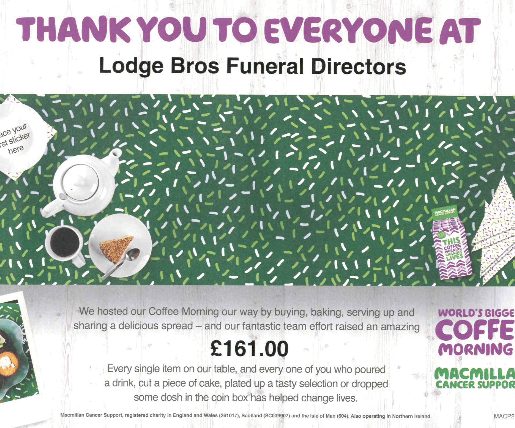 Lodge Brothers Northolt Raise £161 for Macmillan Cancer Support Lodge Brothers Northolt Raise £161 for Macmillan Cancer Support