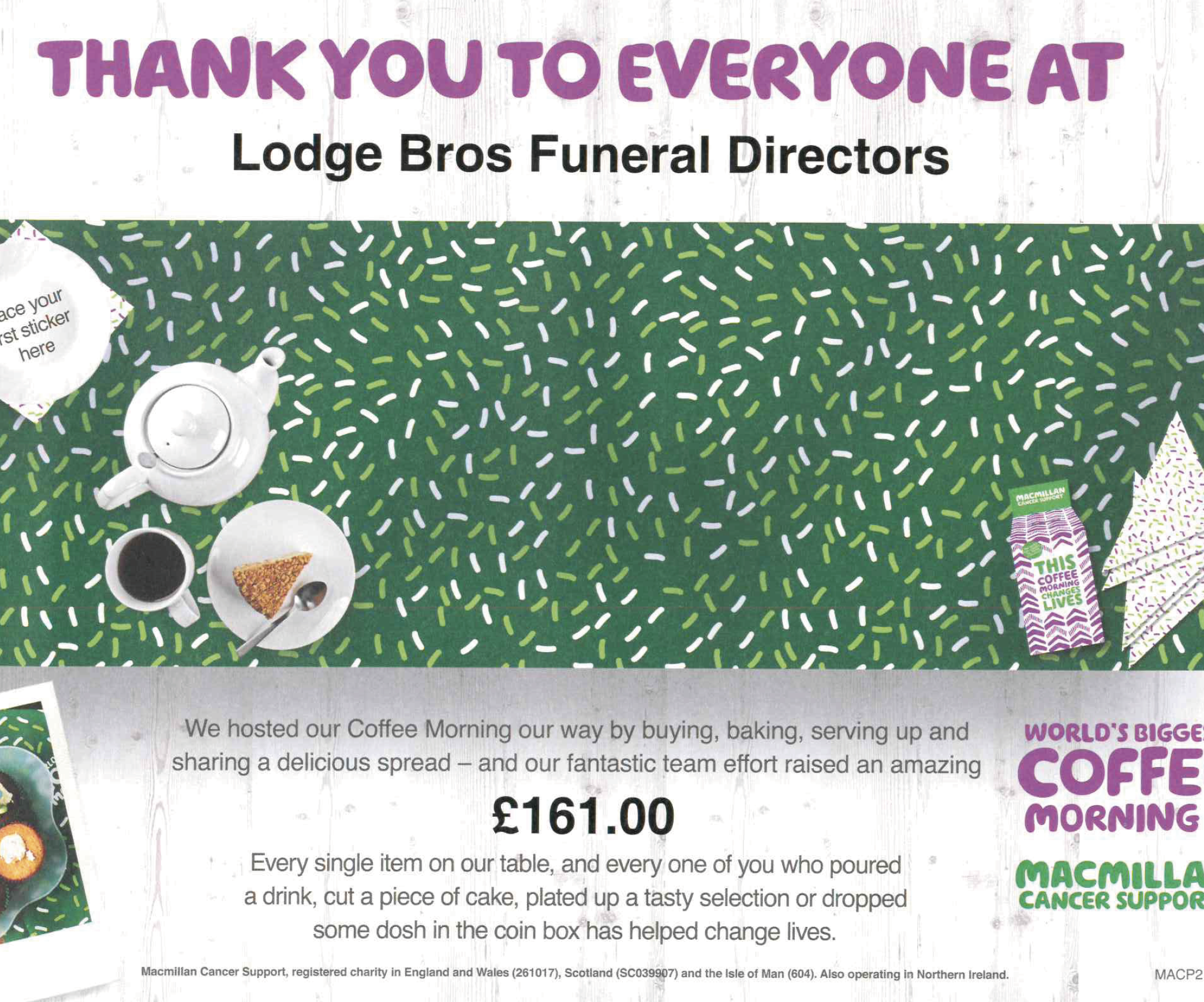 Lodge Brothers Northolt Raise £161 for Macmillan Cancer Support