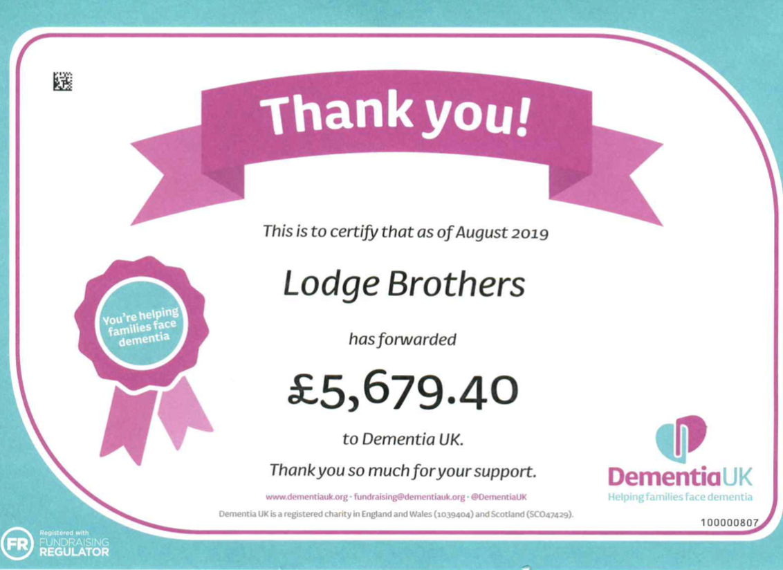 Lodge Brothers Regular Supporters of Dementia UK Lodge Brothers Regular Supporters of Dementia UK