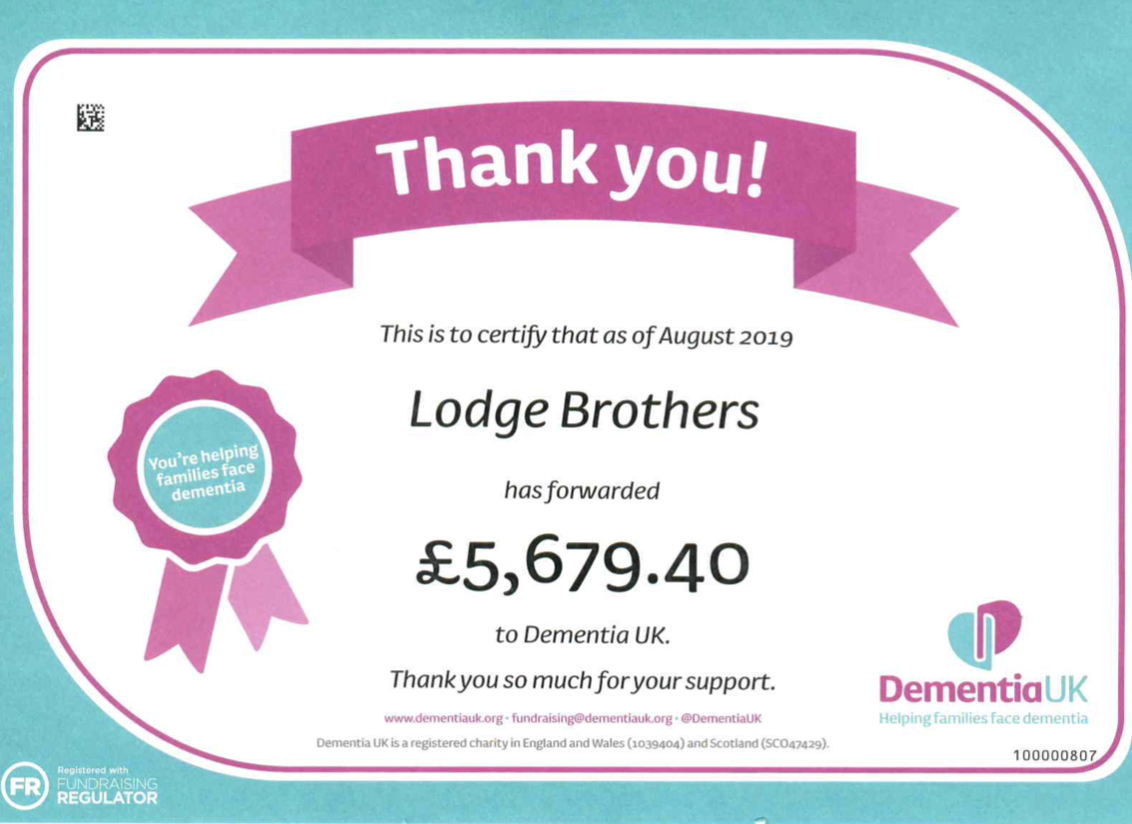 Lodge Brothers Regular Supporters of Dementia UK