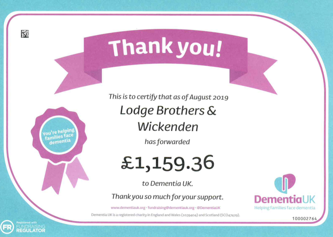 Lodge Brothers & Wickenden Support Dementia UK