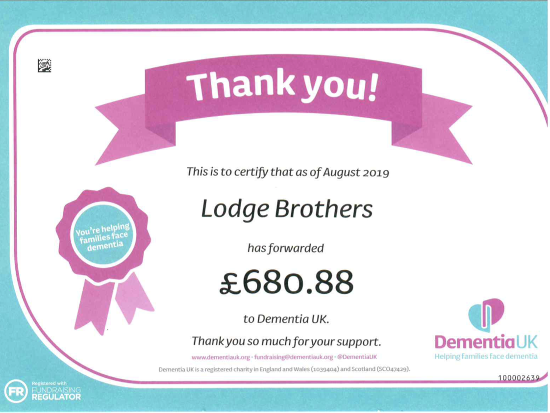 Lodge Brothers Surbiton Supports Dementia UK