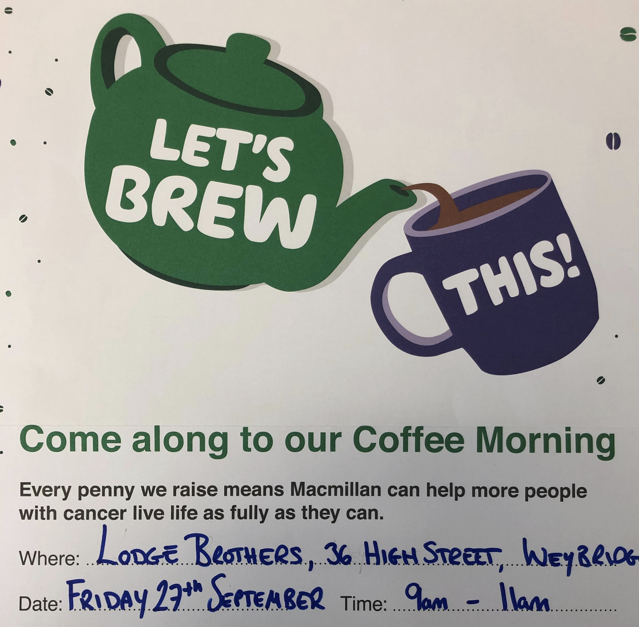 Macmillan Coffee Morning Weybridge Branch Friday 27th September