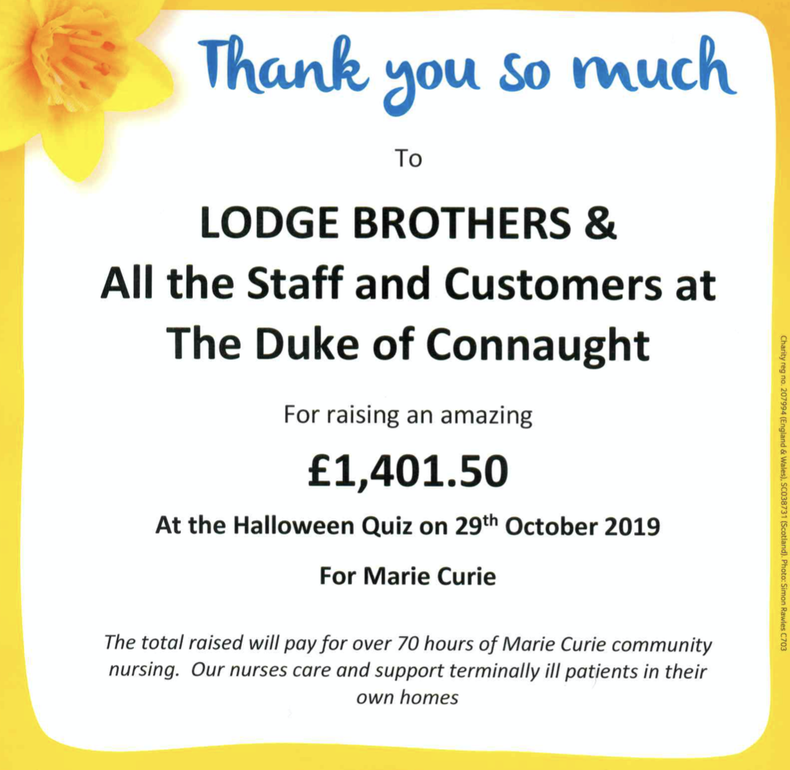 Lodge Brothers Quiz Night for Marie Curie Raised £1,401.50